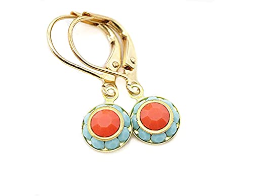 Small Orange and Turquoise Crystal Leverback Earrings