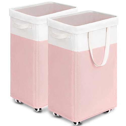 Image of Goodpick Laundry Basket with Wheels 2-Pack, 75L Tall Clothes Hamper, Large Laundry Basket with Removable Wash Bag for Corner Dorm, Rolling Hamper, Pink&White