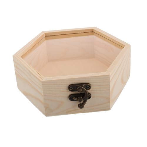 UPKOCH 六角ガラス蓋付き木箱 松製小物収納ボックス おしゃれなジュエリー 乾燥花保管 贈り物に
