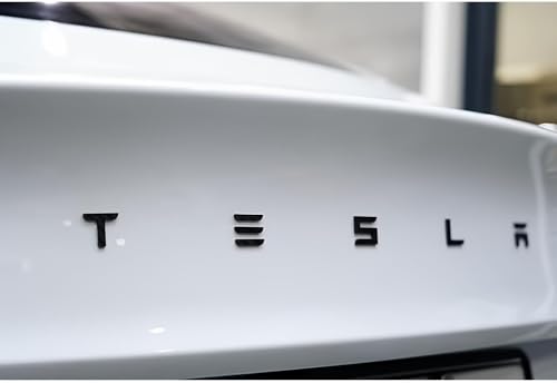 Image of Metal Tesla Letters Emblem Trunk Logo Decal Tailgate Rear 3m Adhesive Compatible with Tesla Model 3 Y Highland Juniper Chrome Matte Black Red Glossy Black (Matte Black)