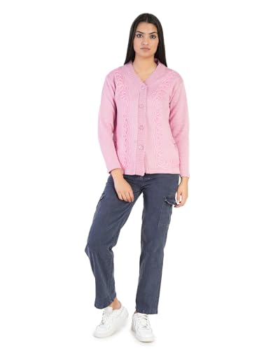 Image of MANRA Women's Woolen V-Neck Buttoned Full Sleeve Cardigan Self Design Soft Wool Fabric Winter Wear Pure Wool Sweater Fully Warm with Front Pockets Stylish Cardigan