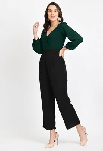 Image of V&M Women's Black V-Neck Jumpsuit | Full Sleeve Straight-Leg One-Piece with Side Pockets | Elegant Western for Office, Party & Evening Outfits