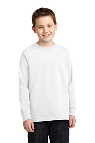 Port & Company Youth Long Sleeve 100% Cotton T-Shirt, White, Large