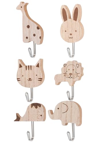 Forevat 6 Stück Kleiderhaken Kinder, Selbstklebende Holz-Tier Kleiderhaken, Süße Kindergarderobe Haken, Dekorative Wandhaken, für Schlafzimmer, Badezimmer und Küche