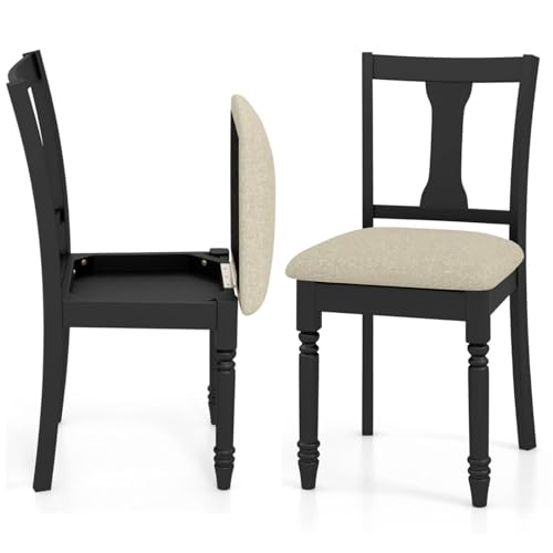 COSTWAY Dining Chair Set of 2, Upholstered Kitchen Chairs with Storage Space, Solid Wood Legs & Non-Slip Foot Pads, Linen Fabric Side Seat for Living Dining Room, 160kg Weight Capacity (Black+Beige)