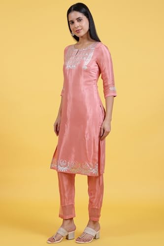 Image of W for Woman Pink Printed Shantung Straight Kurta, Pants and Dupatta Set