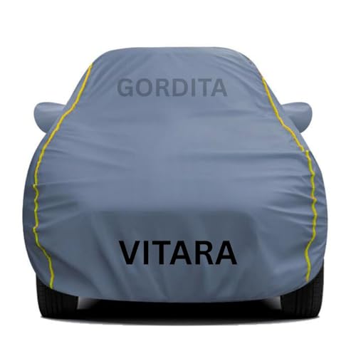 Image of Waterproof Car Body Cover for Grand Vitara All Weather Protection Comes with Inner Cotton Lining & Triple Stitched with Mirror & Antenna Pocket Belt & Elastic Fit Grey with Yellow Piping2