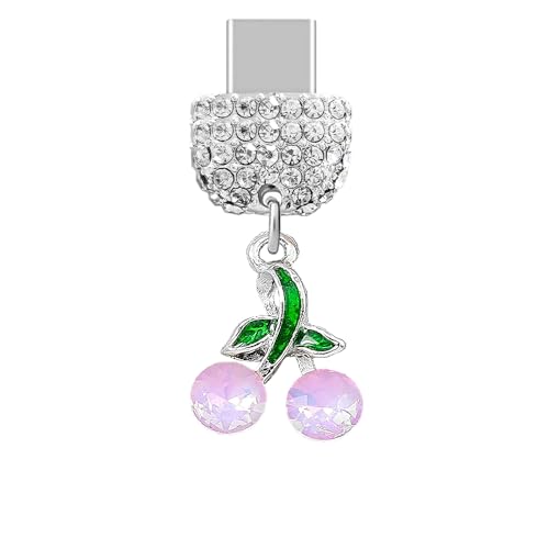 Tapón antipolvo Tipo C rosa, colgante de cereza 3D y cristal para iPhone 15 y Samsung