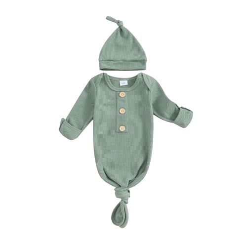 Image of KMBANGI Newborn Baby Boys Girls Knotted Gown Hat Set Long Sleeve Button Infant Sleeper Baby Sleep Gown with Mittens