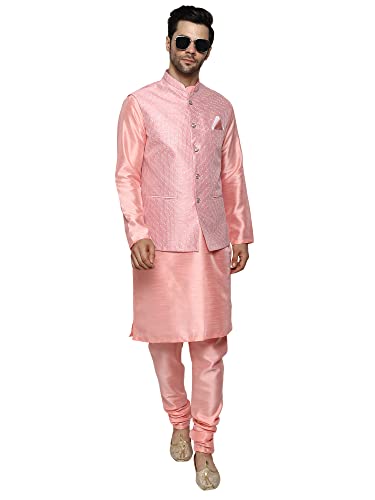 Image of Uri and MacKenzie Men's Silk Blend Kurta Churidar Pyjama with Stylish Nehru Jacket