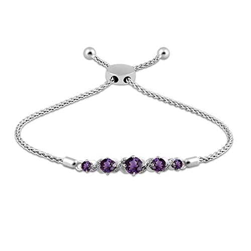 Image of Jewelili Sterling Silver 3 MM, 4 MM and 5 MM Round Amethyst and Round Created White Sapphire Bolo Bracelet, 9.5 inch