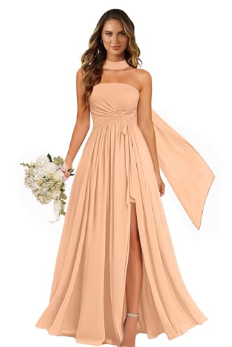 Straps Bridesmaid Dresses with Scarf Chiffon Prom Dress for Women Long A-Line Formal Party Gowns for Teens