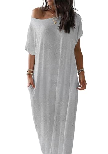 GFU Women's Off The Shoulder Dress Batwing Short Sleeve Casual Loose Flowy Maxi Dress Oversized T-Shirt Long Dress Y2K Light Grey