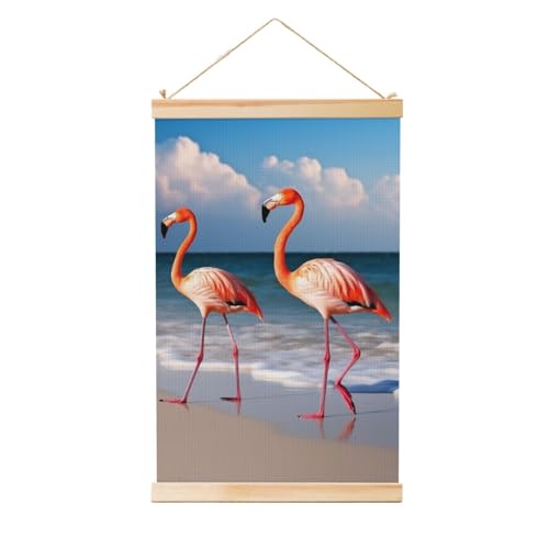 Bannière murale flamant rose en bois et toile moderne