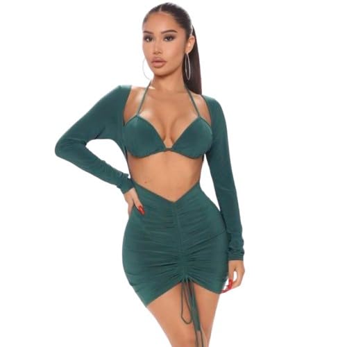 lillycreation Women's 3-Piece Swimwear Set, Green Halter Bikini Top with Long Sleeve Shrug and Ruched Mini Skirt-picture-24