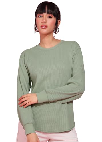 Image of Alan Jones Clothing Women's 100%Cotton Relaxed Fit Waffle Crew Neck Long Sleeve T-Shirt