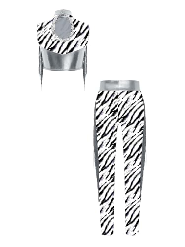 TiaoBug Girls 2Pcs Sparkle Dance Competition Outfit Shiny Glitter Latin Dance Crop Top and Leggings Set Silver 12 Years4