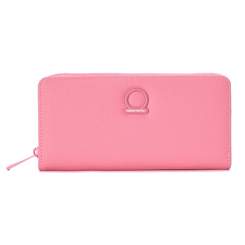 JIUFENG Bifold Credit Card Wallet for Women, Little Coin Purse with ID Window, Zipper Closure, Pink Long