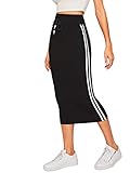 WDIRARA Women's Casual Side Stripe Rib-Knit Drawstring Waist Split Back Skirt Black S