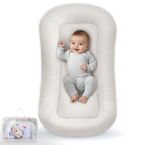 Image of Baby Lounger - Baby Lounger for Newborn, 0-24 Months, Infant Lounger for Home and Travel, Soft Cotton, Baby Nest Lounger, Newborn Babies Essentials Gifts, White (Lounger Cover Included)