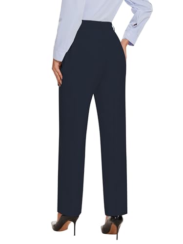 Tapata Women's 32" Linen Dress Pants Straight Leg Long Work Pants with Pockets for Office Business Casual Navy Blue, XS2