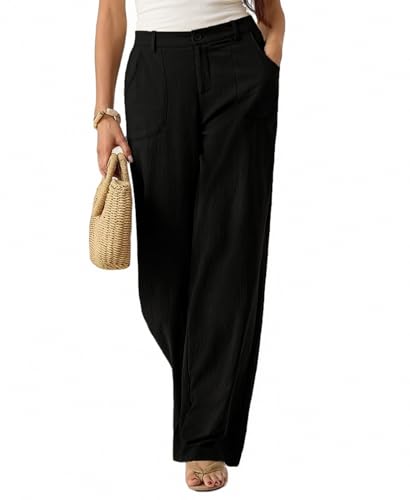 Womens Linen Blend Casual Pants Stretchy Wide Leg Lounge Pants Loose Fit Trousers with Pockets3