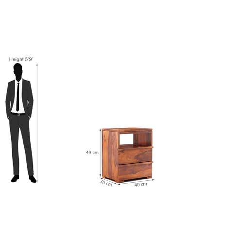 Image of Sheesham Wood Bedside End Table with 2 Drawers and Open Shelf Storage for Bedroom Living Room Wooden Furniture Side Table for Hotel Room Office -(Honey Finish)