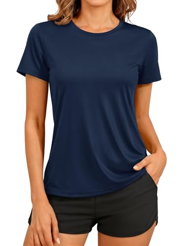 TACVASEN Sports Top Women Short Sleeve Gym Yoga T-Shirt Quick Dry Shirts UV Sun Protection Clothing Lightweight Tops (L, Navy)