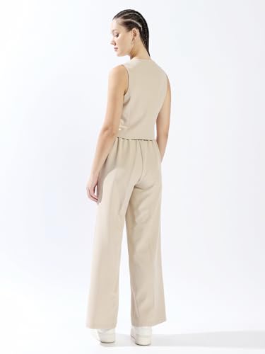 Image of High Star Women Solid Regular length Tailored Fit V neck Sleeveless Waistcoat and Wide leg Trouser Co-ord Set