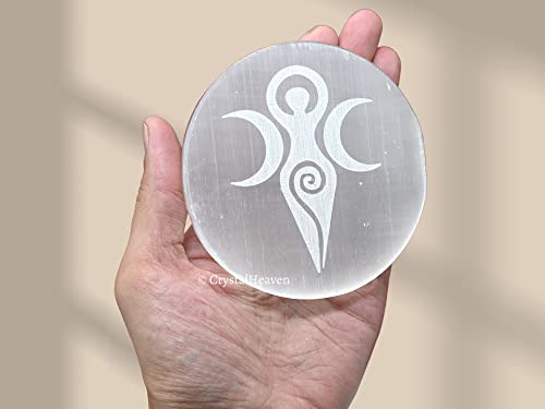 Image of Certified Selenite Crystal Charging Plate, 4 Inch Engraved Goddess Selenite Plate for Crystal Cleansing Re-Energy Work, Meditation and Pooja