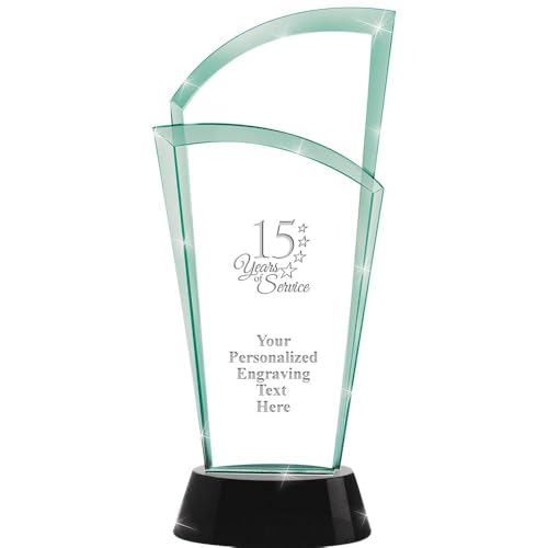 Crown Awards Personalized Crystal Trophy, 12" Engraved 15 Years of Service Jade Slope Crystal Award
