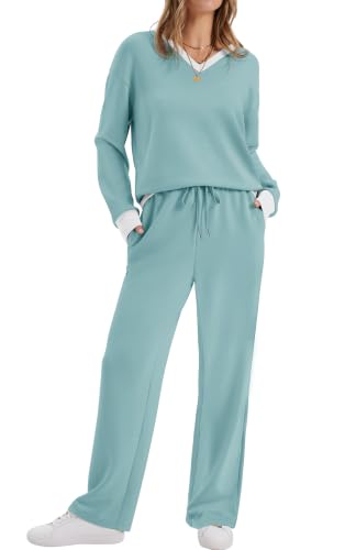 Image of WIHOLL Lounge Sets for Women 2026 V Neck 2 Piece Outfits Airport Wide Leg Pants Matching Set Sweatsuits