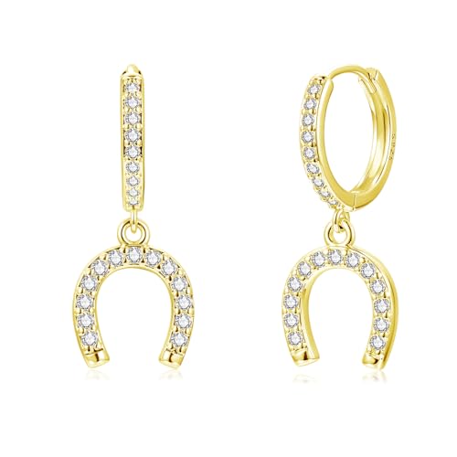 Image of Cangall Gold Earrings for Women Girls, 925 Sterling Silver Hoop Earrings with Horseshoe Dangling, Lightweight Cute Cartilage Cuff Silver Drop Earrings, Minimalist Sleeper Huggie Dangle Earrings