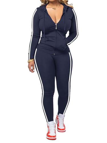 Hakubeby Women 2 Piece Outfits Casual Workout Sets Striped Bodycon Tracksuit Zip Up Long Sleeve Hoodle Jacket Jogger Pant Set Navy Blue XL