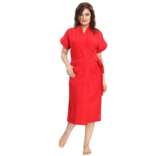 Image of bathrobes terry cotton free size bathrobe for women, bathsuit fit up to 42 inches chest size ladies - Blood Red bathrobe
