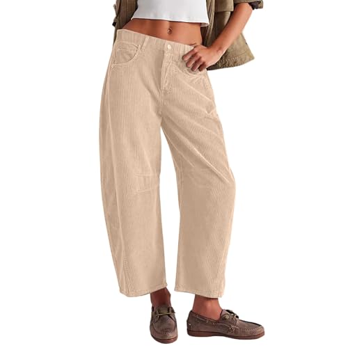 Womens Corduroy Pants Low Rise Button Wide Leg Cropped Pants Baggy Elastic Work Casual Y2K Barrel Pants with Pockets2