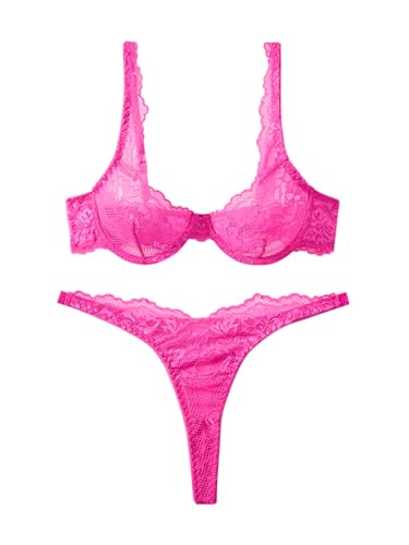Image of Lilosy Sexy Floral Lace Scallop Underwire Push Up Sheer Lingerie Set Outfits