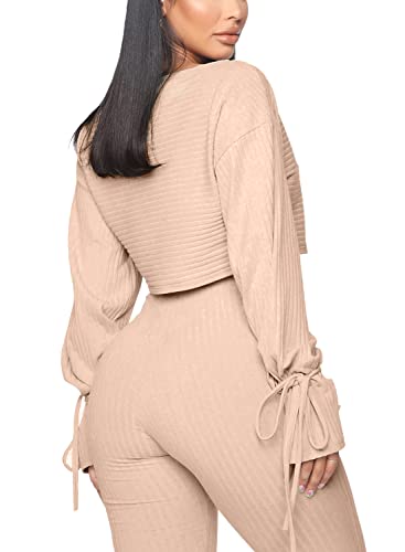 Solid Color Two Piece Outfits For Women, Ribbed Long Sleeve Crop Top And Bodycon Jogger Pants Clubwear Ribbed Tracksuit Sweatsuit, Women's Fall Loose Athletic Clothing 2 Piece Sets (Khaki,S) #TOP3