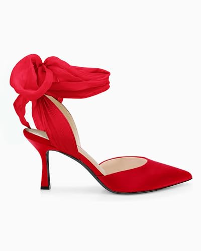Image of Womens Lace up Satin Heels Bow Pointed Closed Toe Bridal Dress Shoes Low Heel Wedding Elegant Pumps