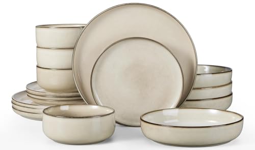 Herogo Dinnerware Sets with Pasta Bowls, 16 Piece Plates and Bowls Set for 4, Modern Stoneware...