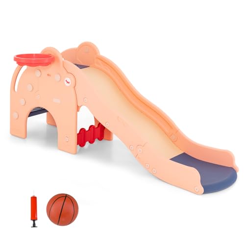 HOMASIS Tobogán Infantil con Forma de Elefante, Tobogán de Exterior con Cesta, Escalera y túnel, Parque Infantil con Pelota y Bomba, Juegos de jardín para niños de 18+ Meses, 187,5x75x77,5cm (Rosa)
