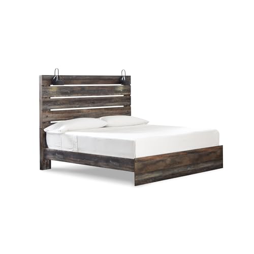 Image of Signature Design by Ashley Drystan King Panel Bed Frame with LED Sconce Lights, USB Power Ports, Engineered Wood and Decorative Laminate, Master Bedroom Setup, Dark Brown & Gray