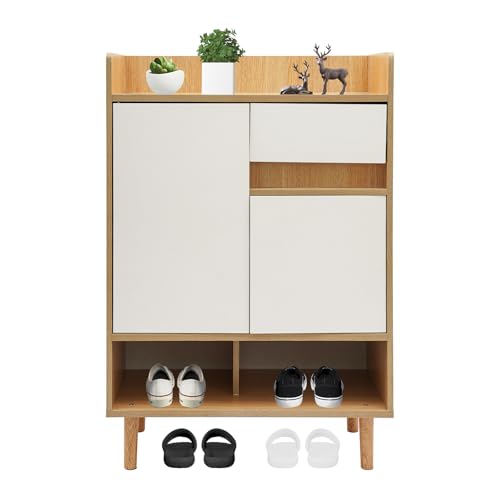 YUYUZI Zapatero con 2 puertas y cajón, armario de almacenamiento independiente para pasillo y entrada, 60 x 32 x 90 cm, zapatero moderno con estante y ventilación (color madera cereza)