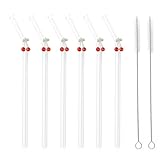 6 Pcs Glass Straws With Cherry Charms, Cute Fun Reusable With Design Clear Bent Straws, With 2 Pcs Straw Brush for Party Drink Cocktail (6 Pcs Cherry)