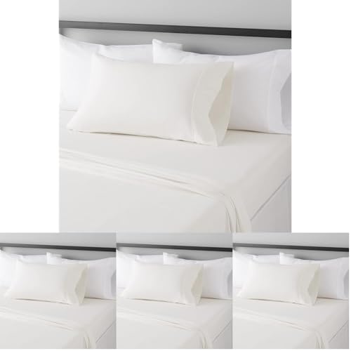 Image of Amazon Basics Lightweight Super Soft Wrinkle Free Breathable Easy Care Microfiber 3 Piece Bed Sheet Set with 14-Inch Deep Pockets,Twin XL,Cream,Solid,(Pack of 4)