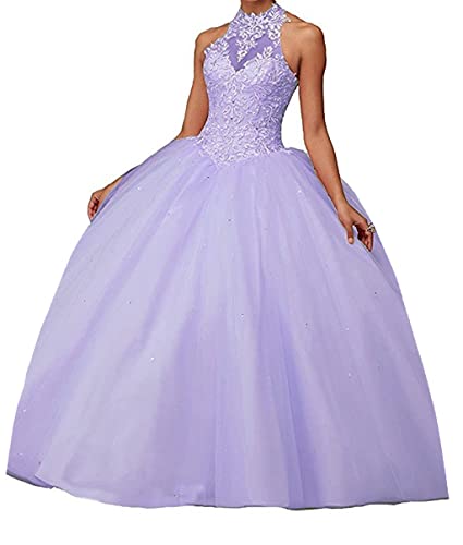 QXMYOO Women Ball Gown Prom Party Halter Lace Quinceanera Dress Sweet 16 Dresses Lavender