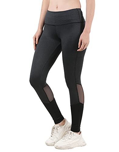 Image of The Dance Bible Women High Waist Solid Charcoal Grey Mesh Net Design Gym Leggings Tights with Back Zip Pocket (Small, Waist: 27-28 inches)