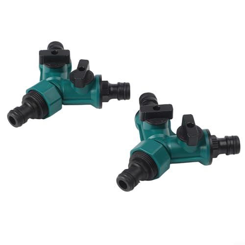 Juego de conectores de manguera de jardín de 2 vías con válvula de cierre, paquete de 2 distribuidores de doble salida para riego al aire libre, divisor de plástico para uso en patio y césped