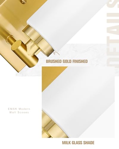 Image of Emak Brushed Gold Wall Sconce, Modern Bathroom Vanity Sconces Wall Light Fixtures with Milk Glass Shade for Bathroom, Mirror, Living Room, Bedroom, Gallery, WS086-BGD-ML-2PK