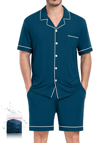 Image of Mens 2 Piece Short Sleeve Button Down Pajama Set, S-3XL | Soft Modal Fabric, Cool Lightweight Sleepwear & Loungewear with Pockets, Home Relaxing